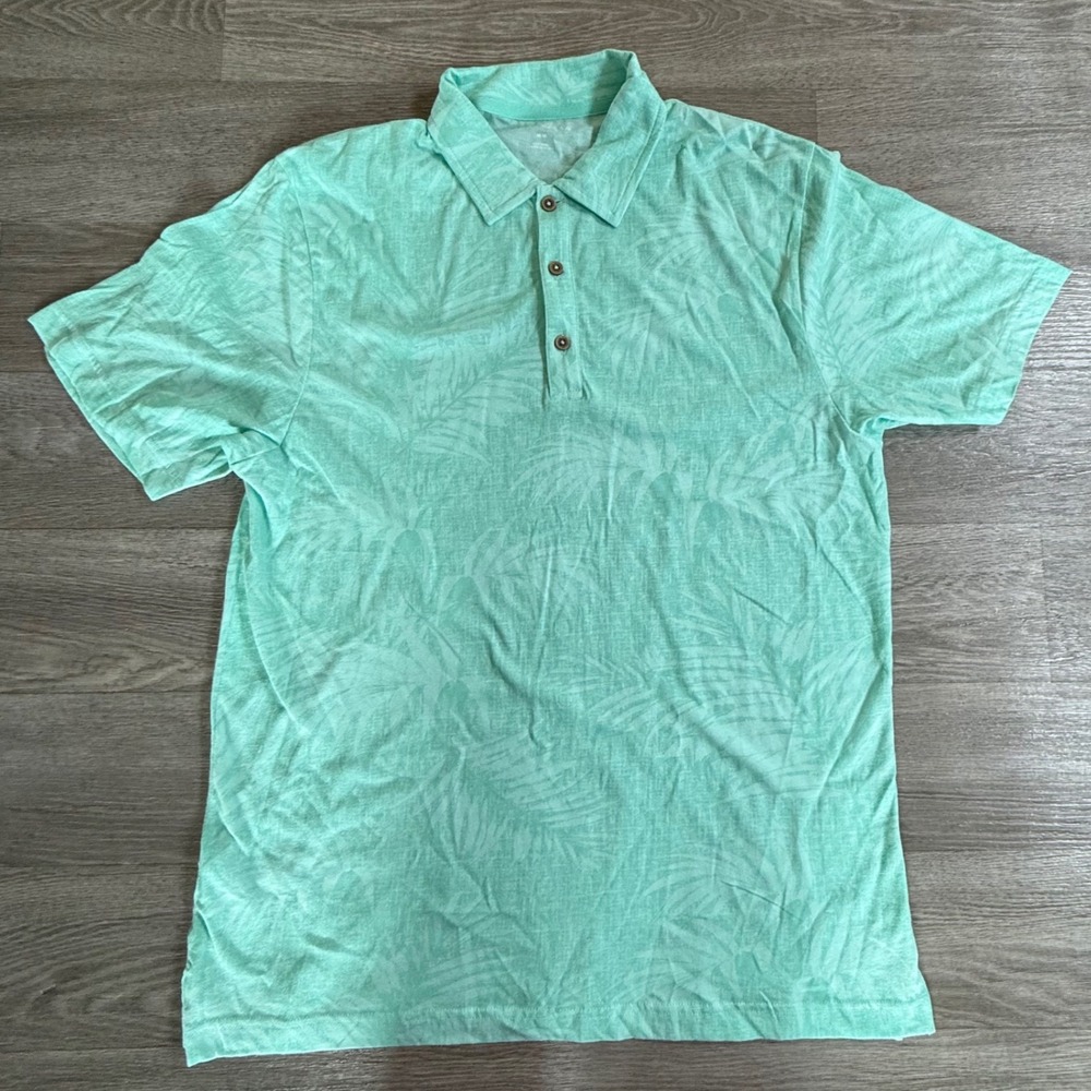 Cubavera Mens Tropical Palm Leaf Polo Shirt‎ Mint Green Short Sleeve Cotton M